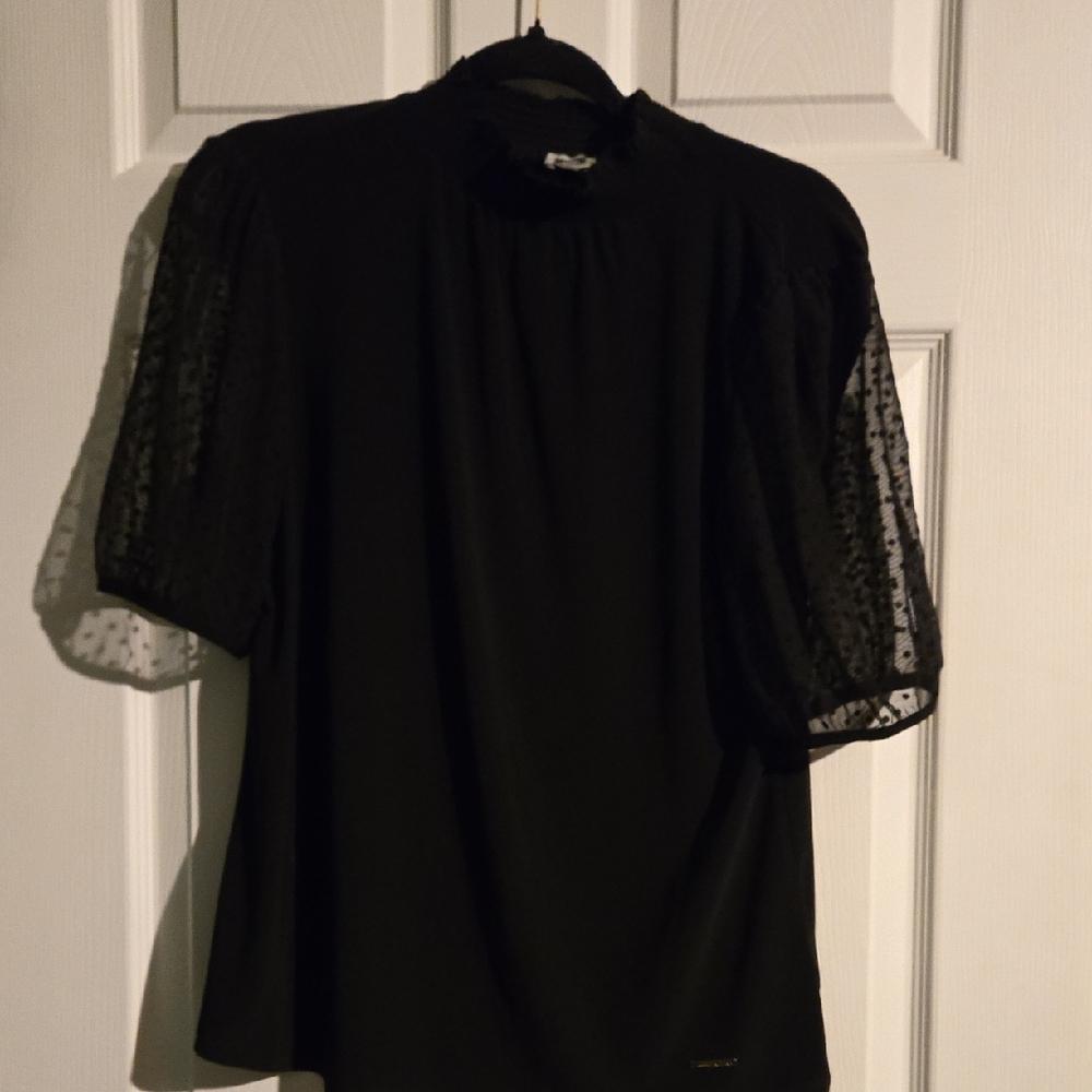 Anne Klein Black Puff Sleeve Blouse with Mandarin Collar Size M